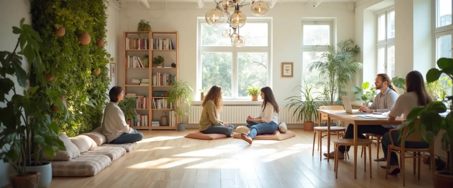 Team enjoying unconventional employee health and well-being benefits in a bright office space