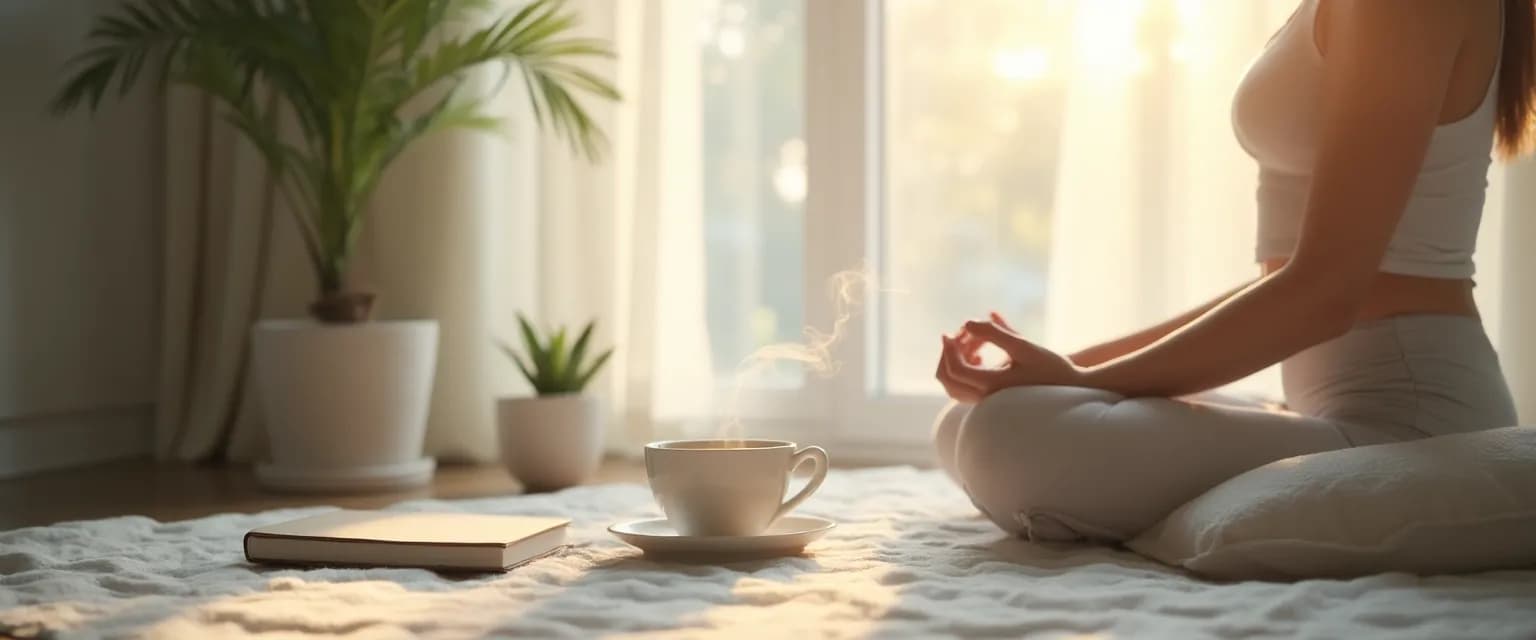 Woman practicing a 15-minute ritual for a peaceful mind during a busy day