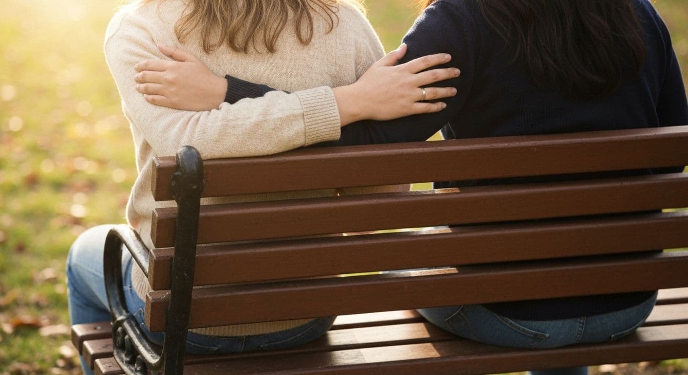 Two friends sitting together offering comfort, illustrating what to give a friend who is grieving through presence and support