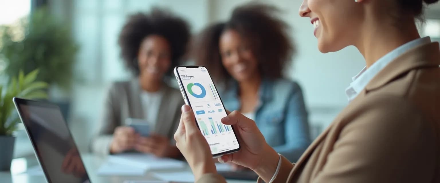 HR professional showcasing employee mobile app features to engaged team members