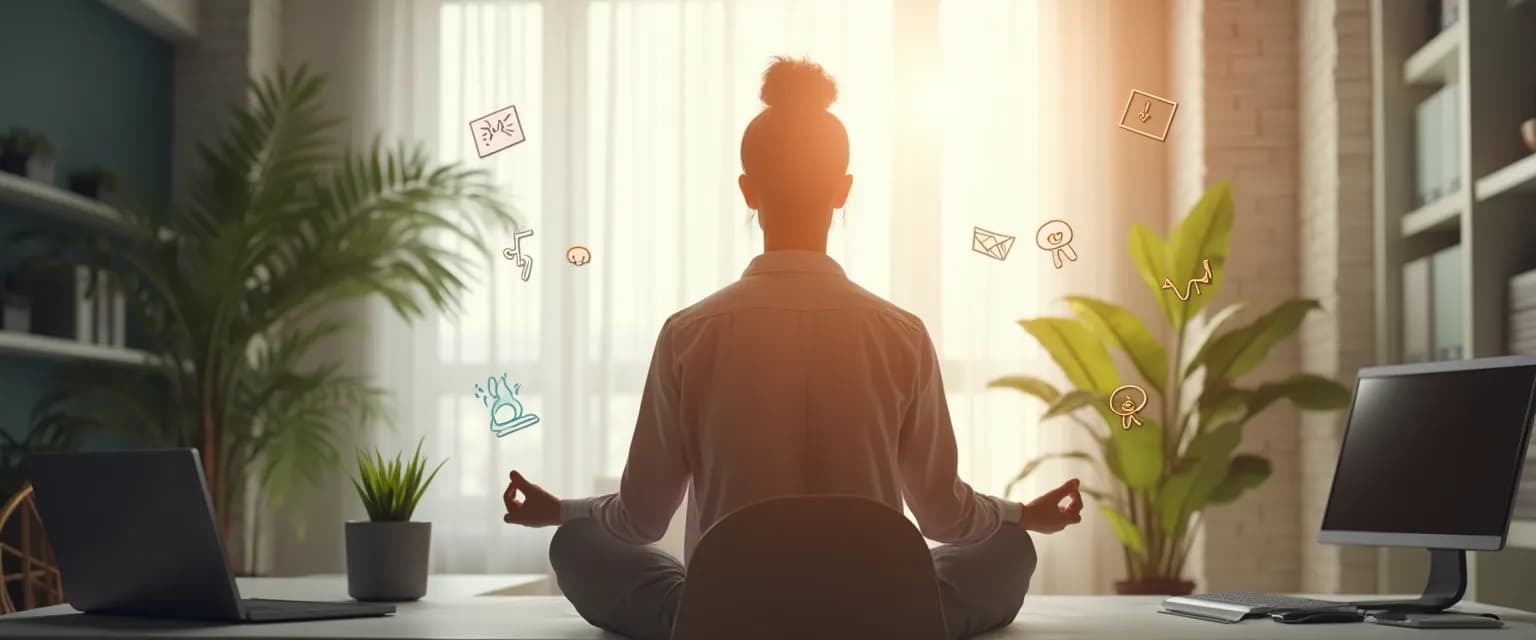 Professional practicing mindself exercises at desk for workplace harmony