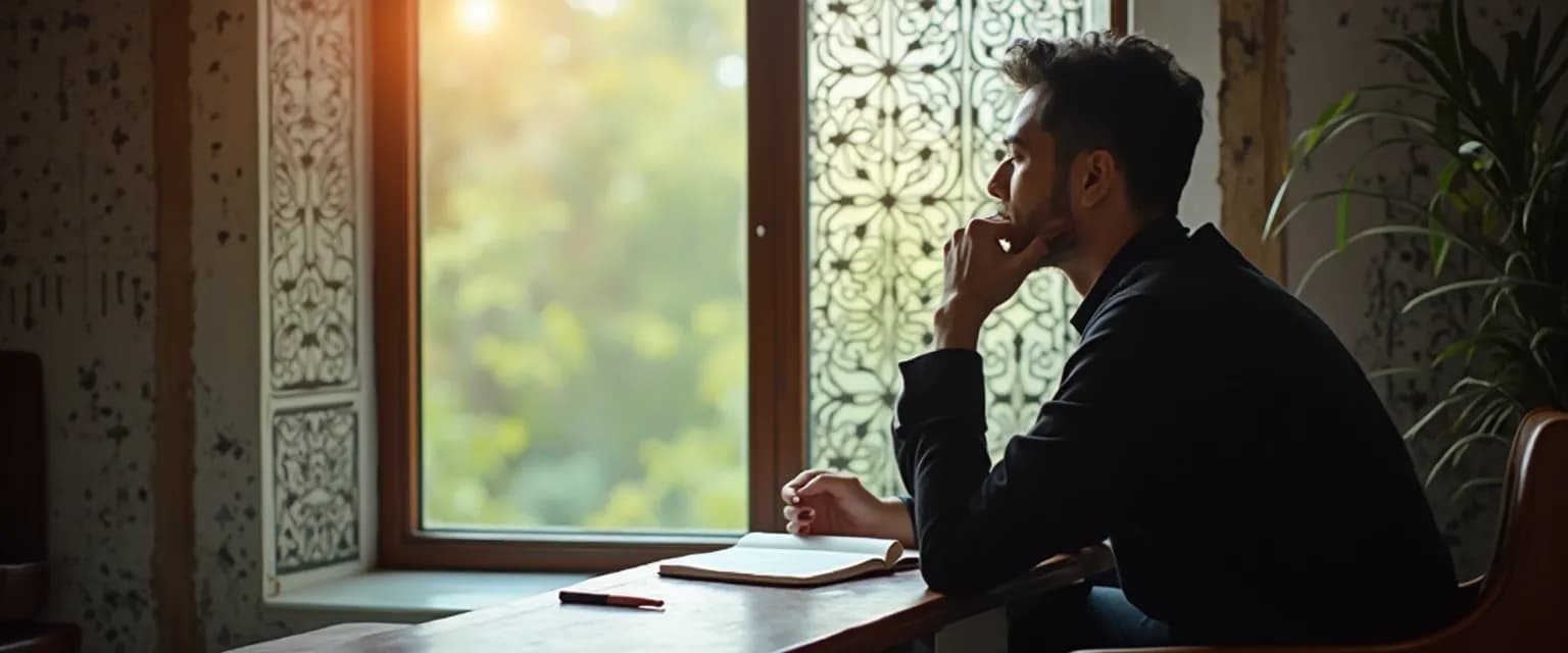 Muslim person practicing muhasabah for self awareness in Islam in a modern setting