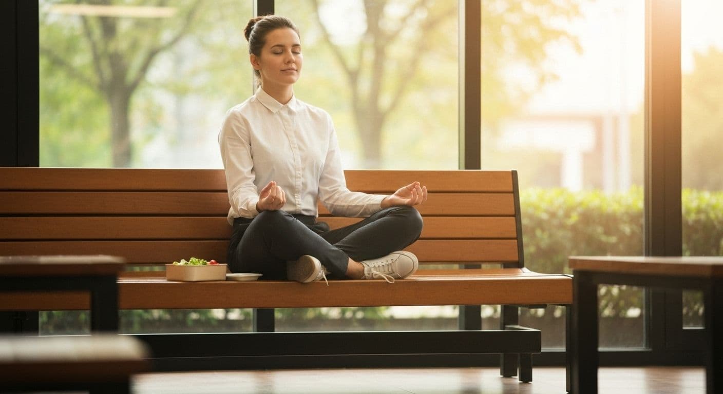 Professional practicing mindfulness meditation for anxiety at desk during lunch break