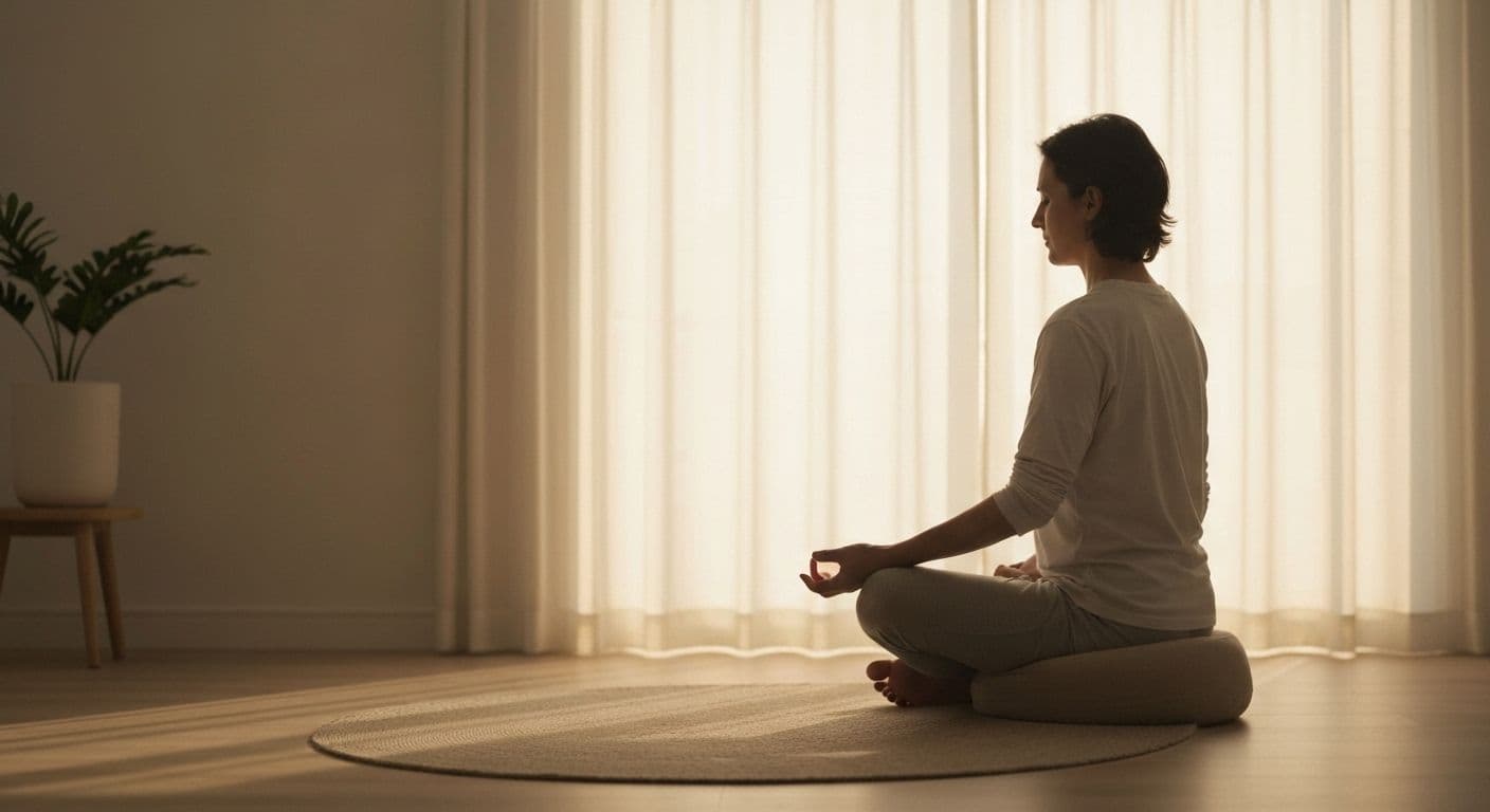 Person sitting comfortably practicing meditation and depression management techniques with gentle, realistic approach