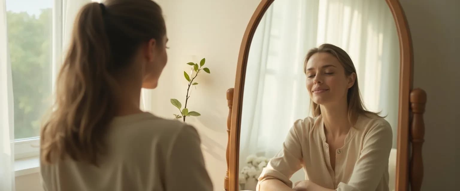 Person practicing mirror moment reflection to build self confidence and self awareness