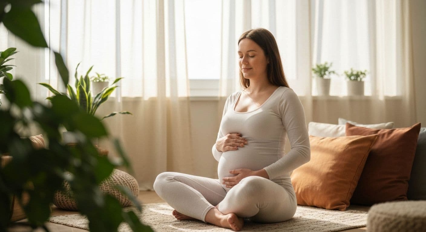 Pregnant woman practicing mindful pregnancy breathing exercises during third trimester