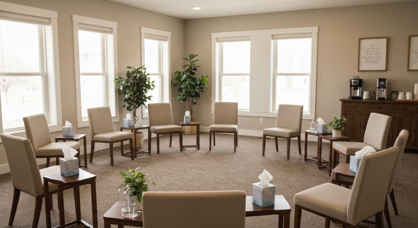 Welcoming grief share meeting room setup with comfortable seating arranged in a circle and soft lighting