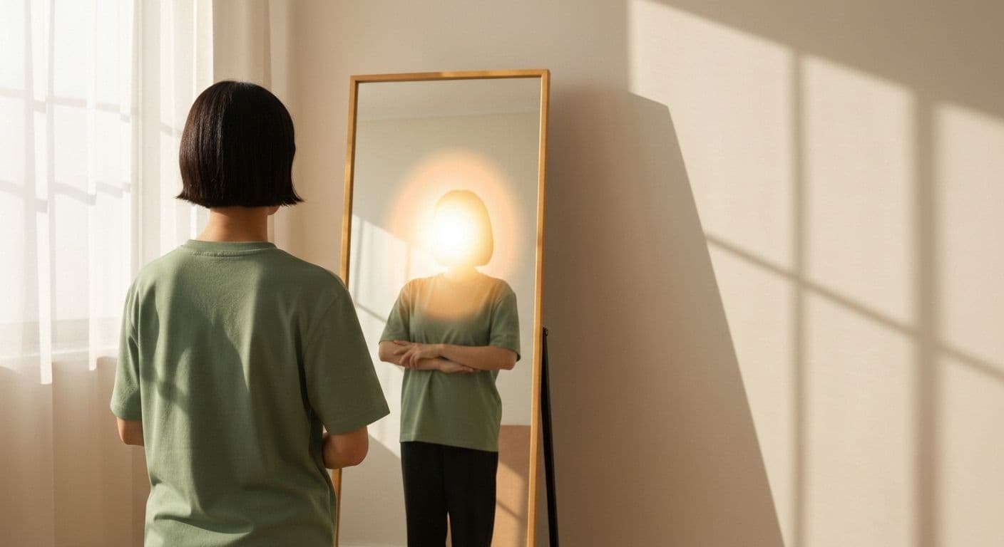 Person practicing self-awareness, self-acceptance, and self-realization through mindful reflection