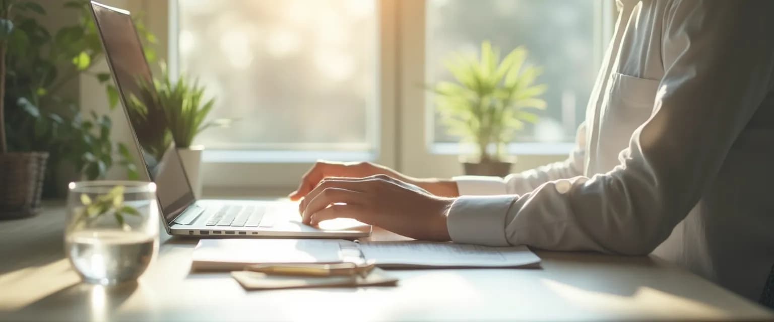 Professional practicing awareness in workplace with a brief desk-side mindfulness exercise