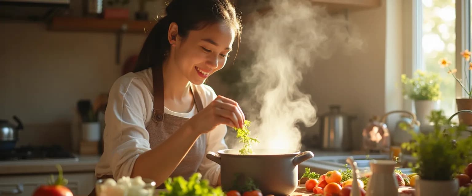 Woman enjoying cooking a simple meal for herself after a breakup