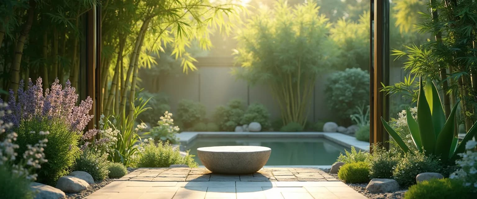 A peaceful mind healing garden with therapeutic plants arranged for mental wellness