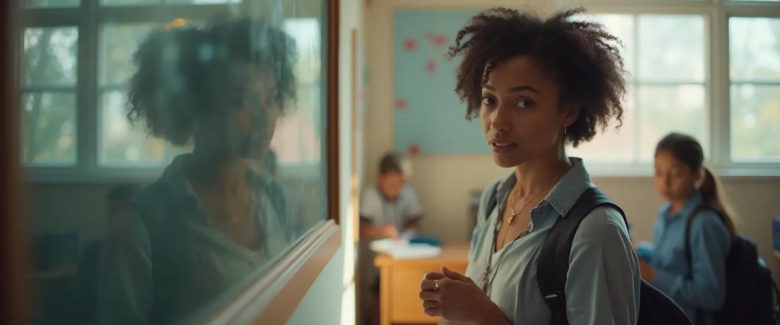 Teacher practicing self-awareness during a busy classroom moment through mindful reflection