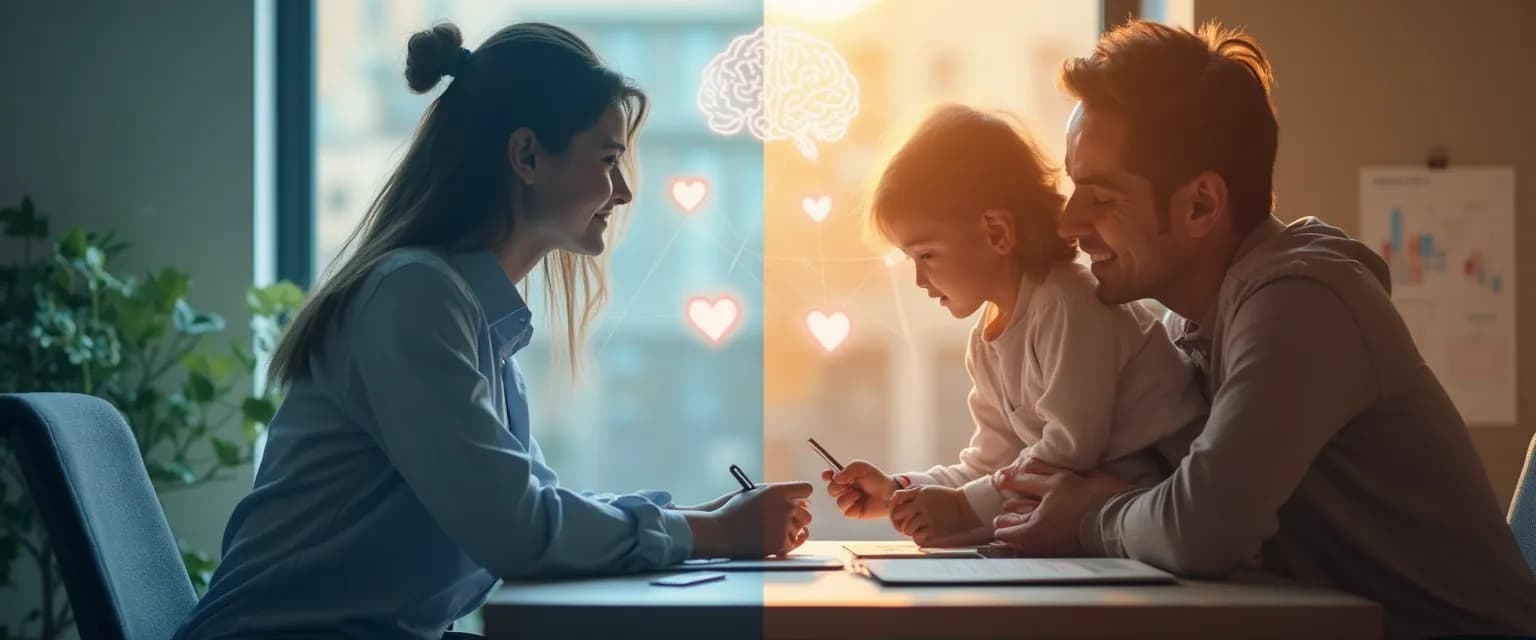 Working parent demonstrating emotional intelligence and EQ while balancing laptop and interacting with child