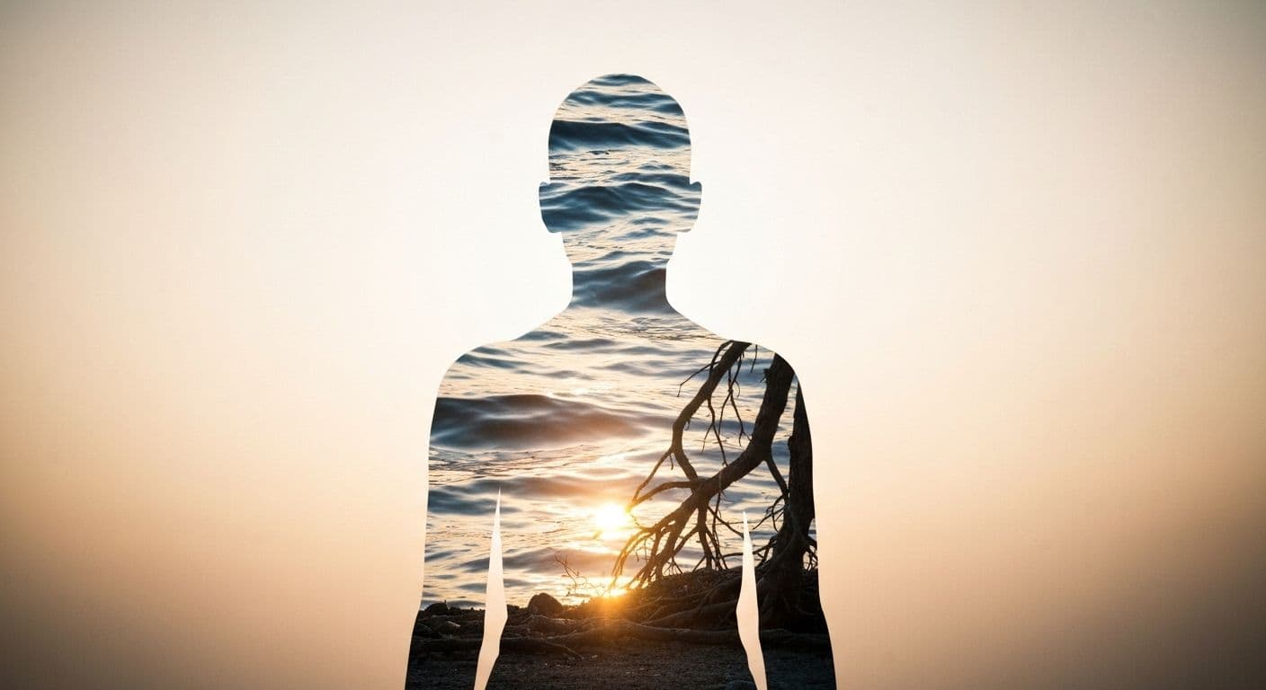 Person practicing self concept and awareness during major life transition with grounding techniques