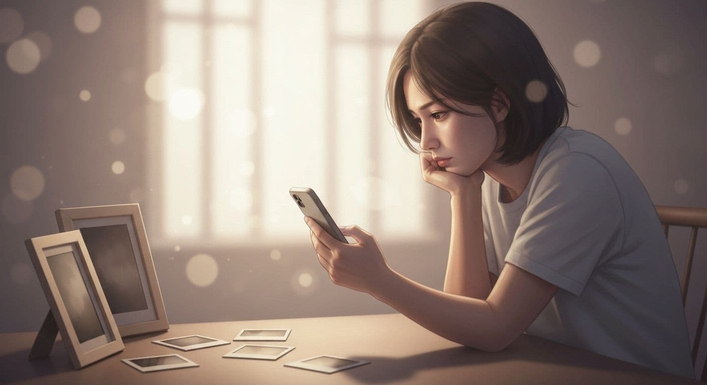 Person thoughtfully looking at phone considering what to do after heartbreak with photos and memories