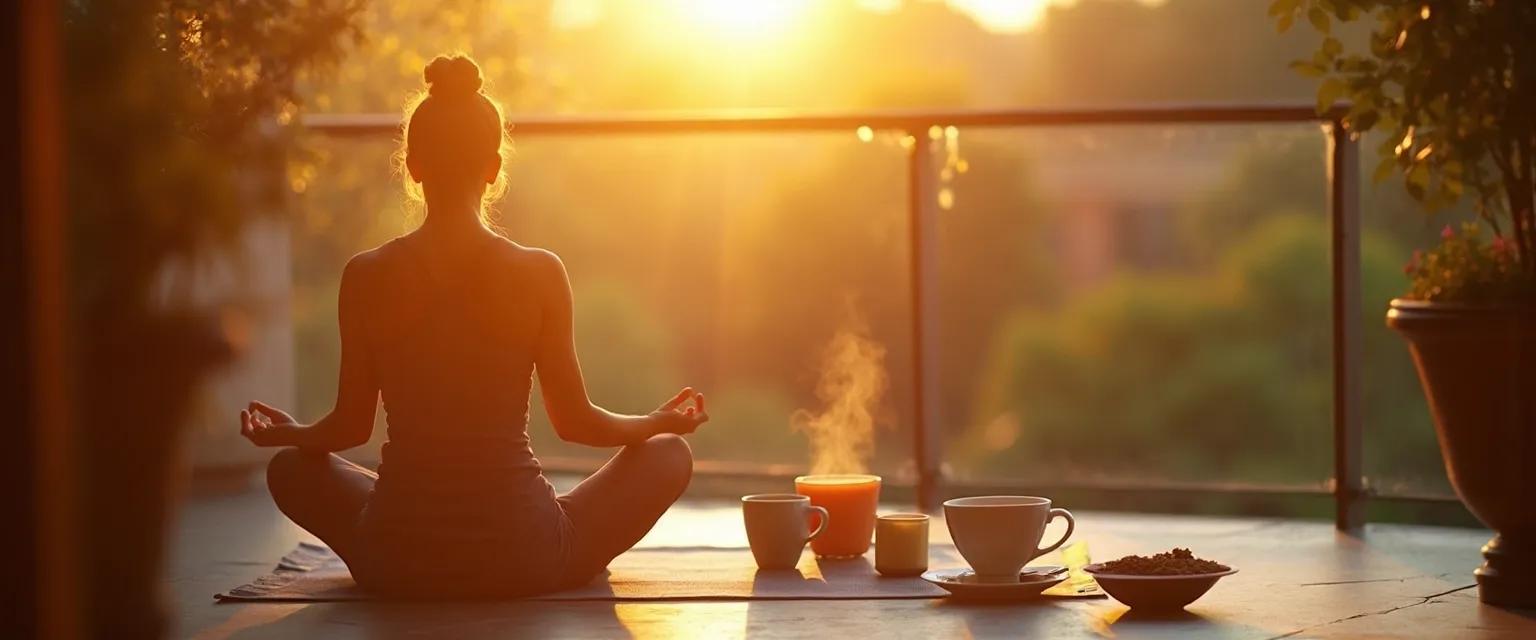 Person practicing 5-minute daily mindfulness meditation in the morning sunshine