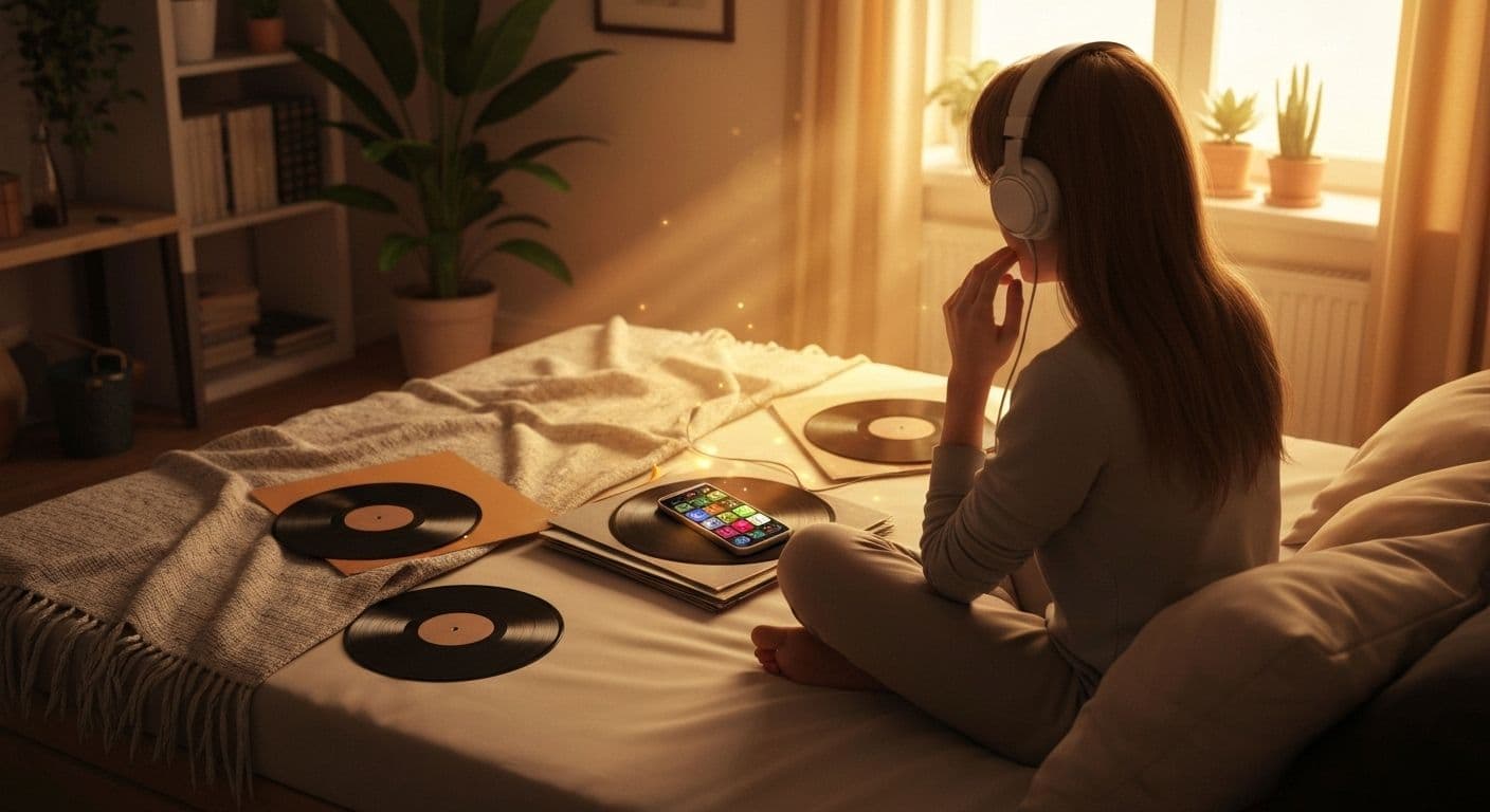 Woman curating a Miley Cyrus breakup playlist on her phone while building emotional resilience through music