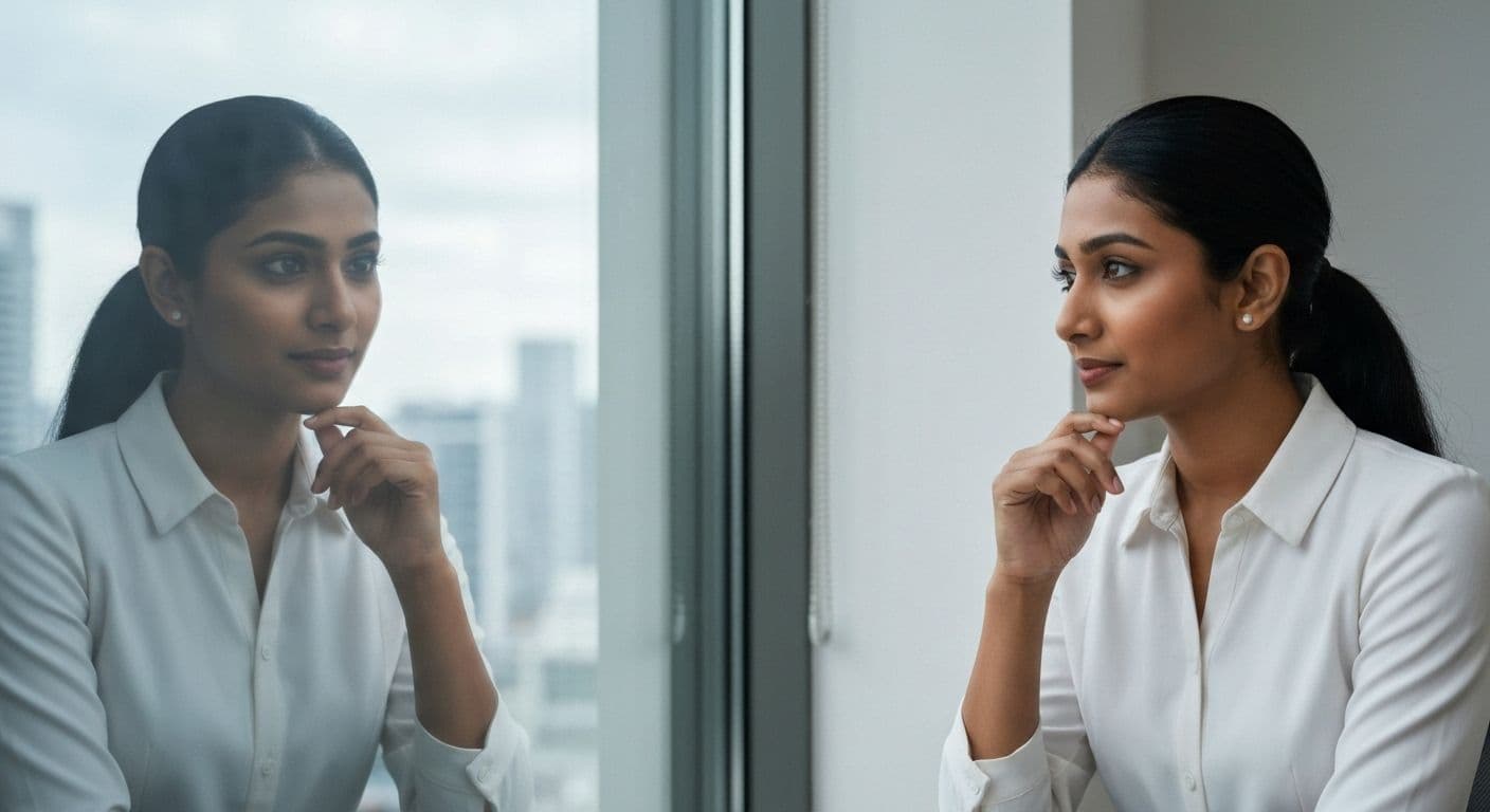 Professional demonstrating self-awareness in workplace conversation with confident body language