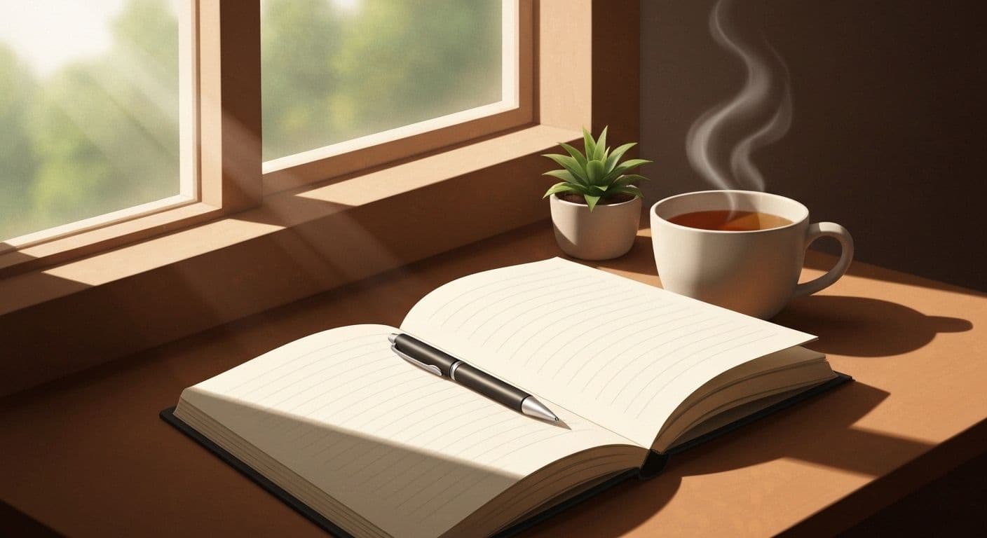 Person writing in journal using grief writing prompts at peaceful desk setting