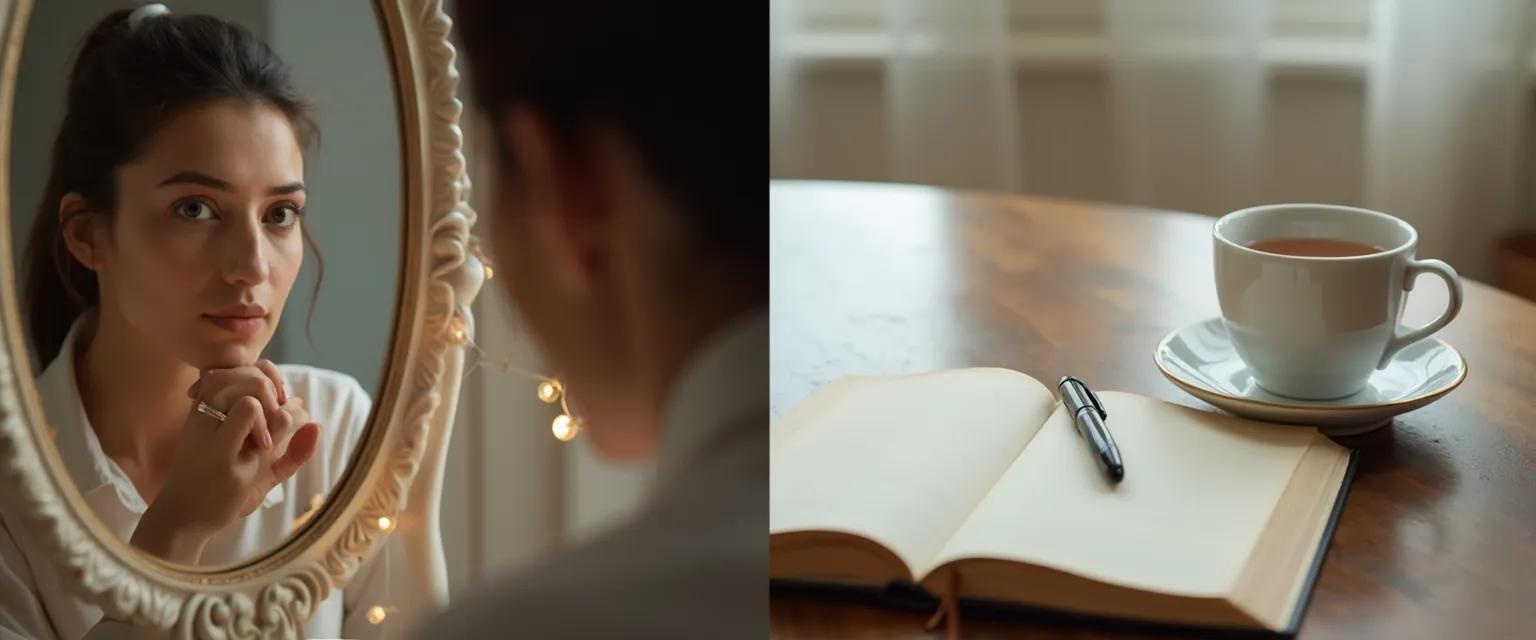 Woman practicing mirror work and journaling for self awareness and self confidence