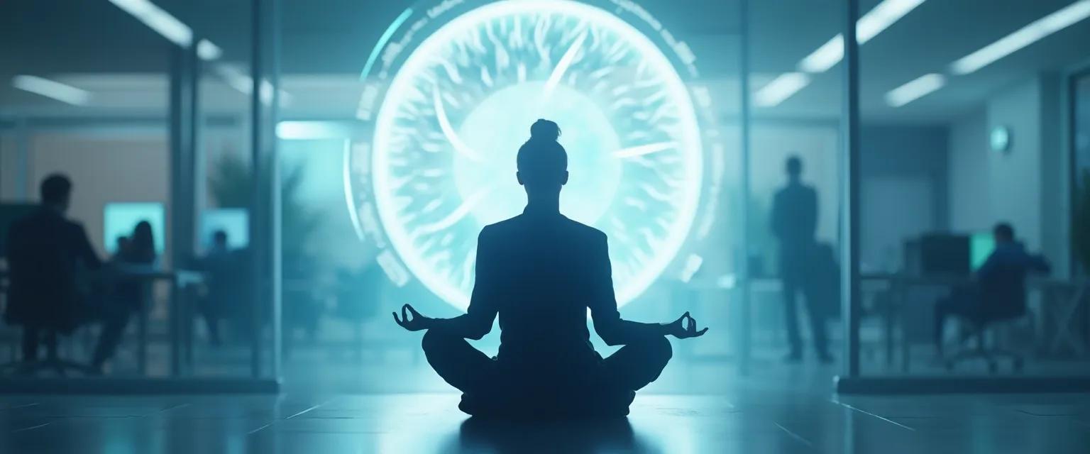 Professional practicing 5-minute guided meditation for self-awareness at desk