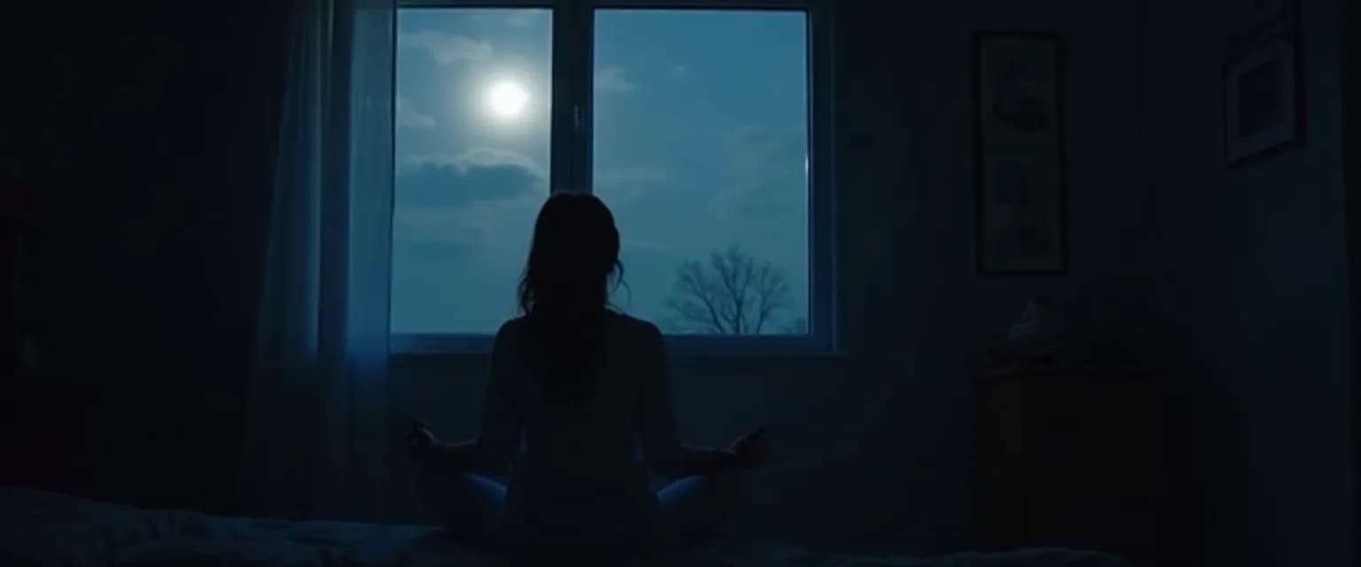 Parent practicing 5-minute mindfulness meditation for sleep and anxiety in bed after attending to child