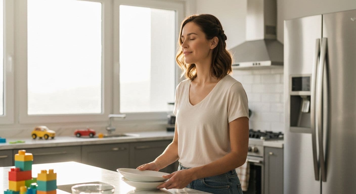 Busy parent practicing mind fitness during daily routine with children