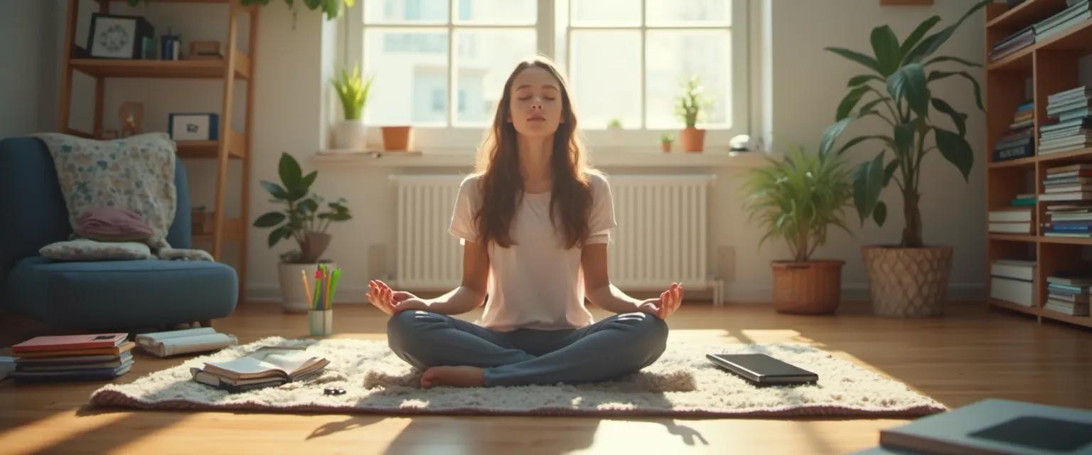 Teen practicing mindful self-discipline techniques while studying with digital devices nearby
