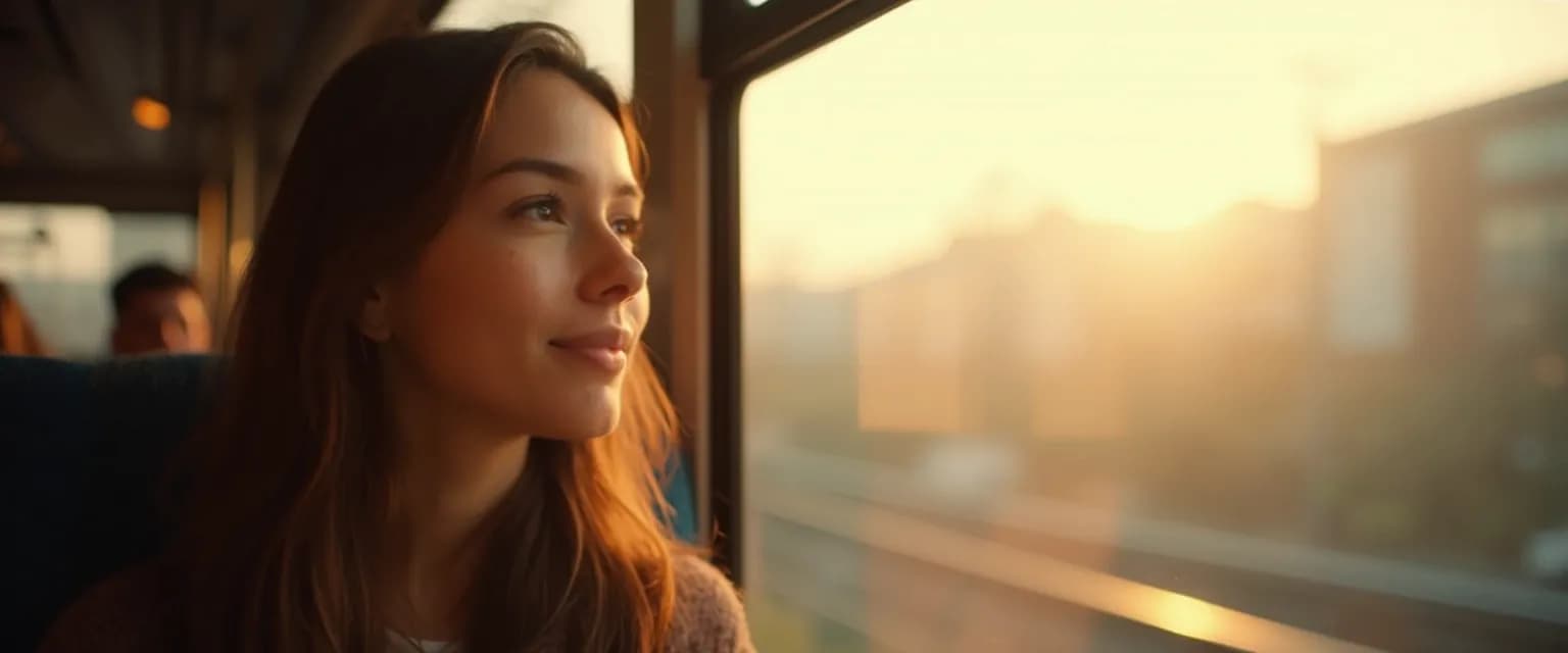 Person smiling while cultivating happy thoughts during morning commute