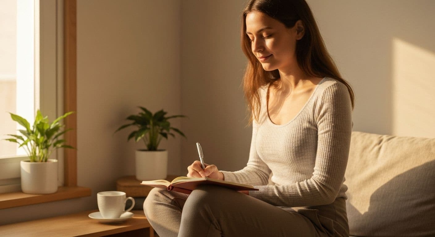 Person practicing positive psychology self awareness through gratitude journaling in peaceful setting