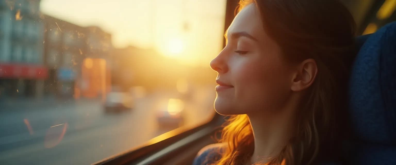 Person practicing present moment awareness techniques during morning commute