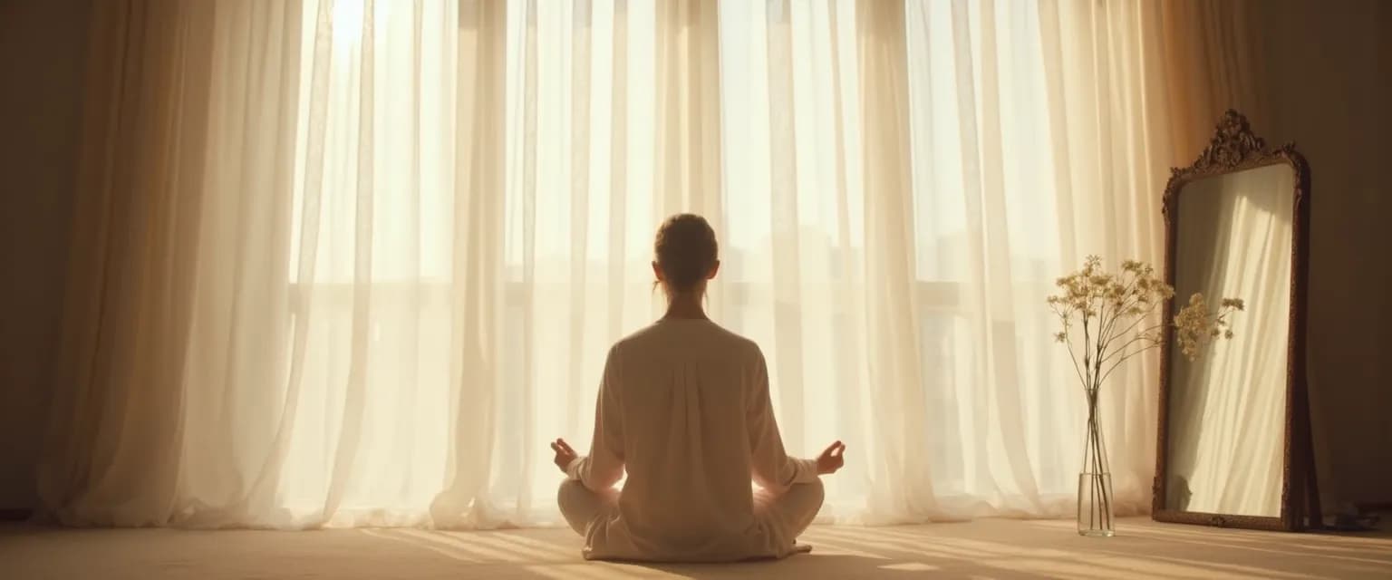 Person practicing daily self-awareness and self-understanding exercises in front of a mirror