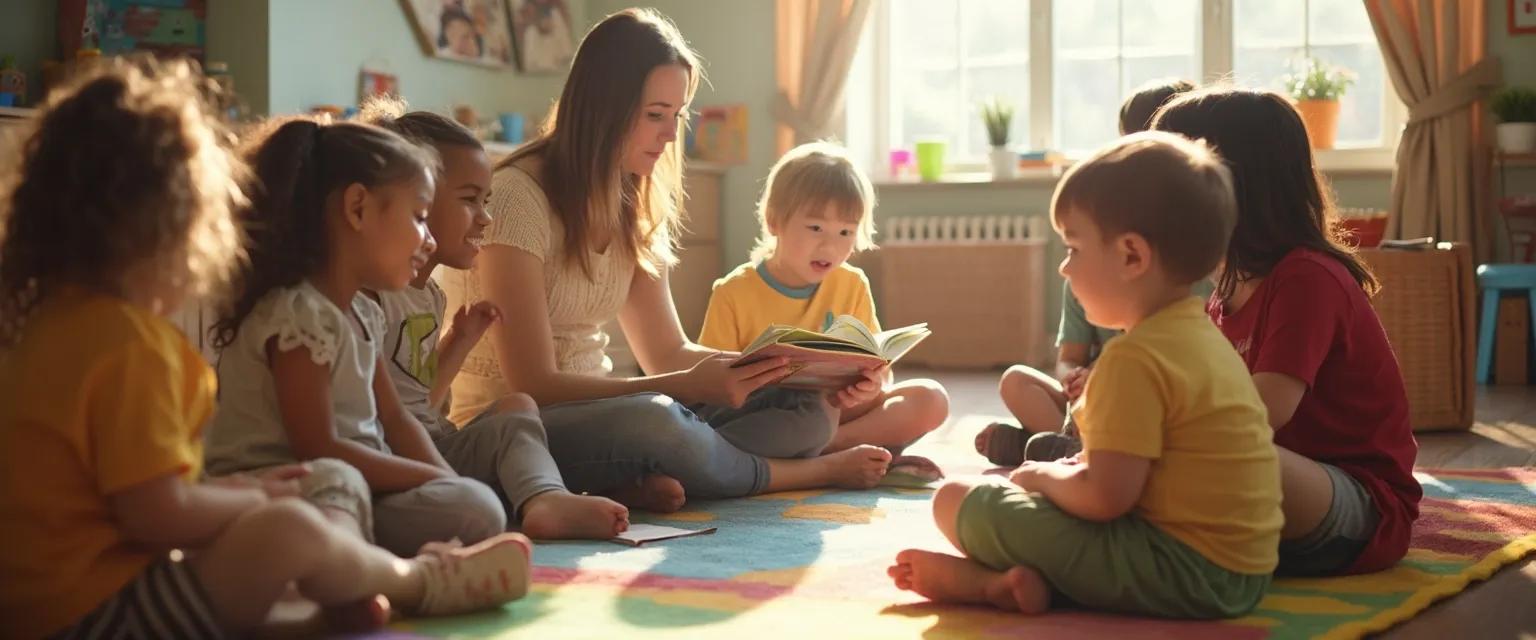 Preschool teacher reading a story about emotions to promote self-awareness in early childhood education