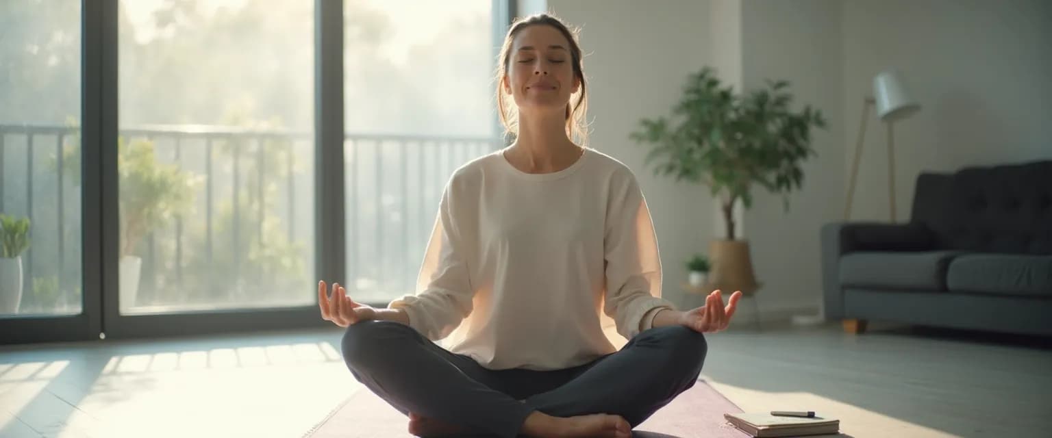 Entrepreneur practicing mindfulness meditation exercises at desk during busy workday