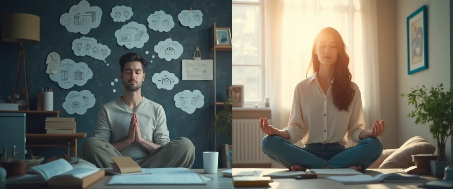 Person transitioning from mind full to mindful state during a stressful situation