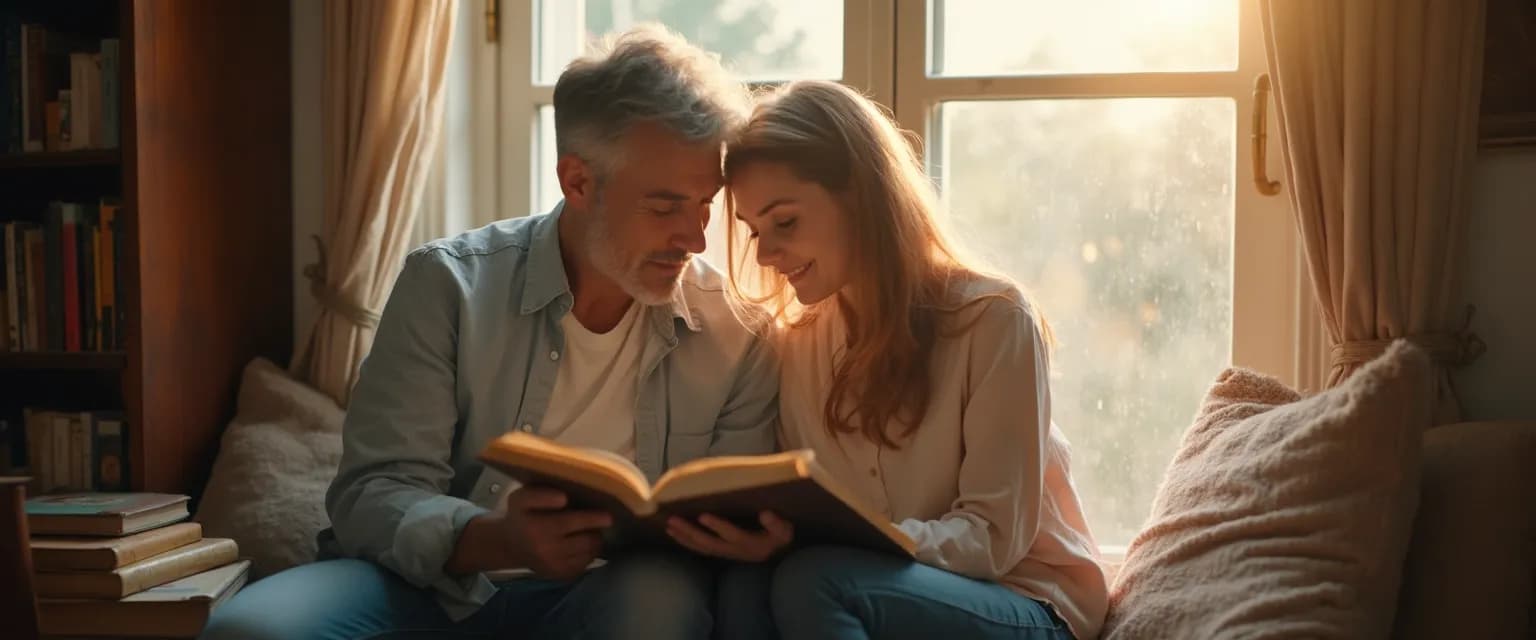 Parent and teen reading grief share books together for healing conversations