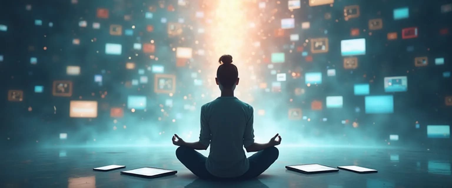 Person finding modern mind clarity amid digital devices and notifications