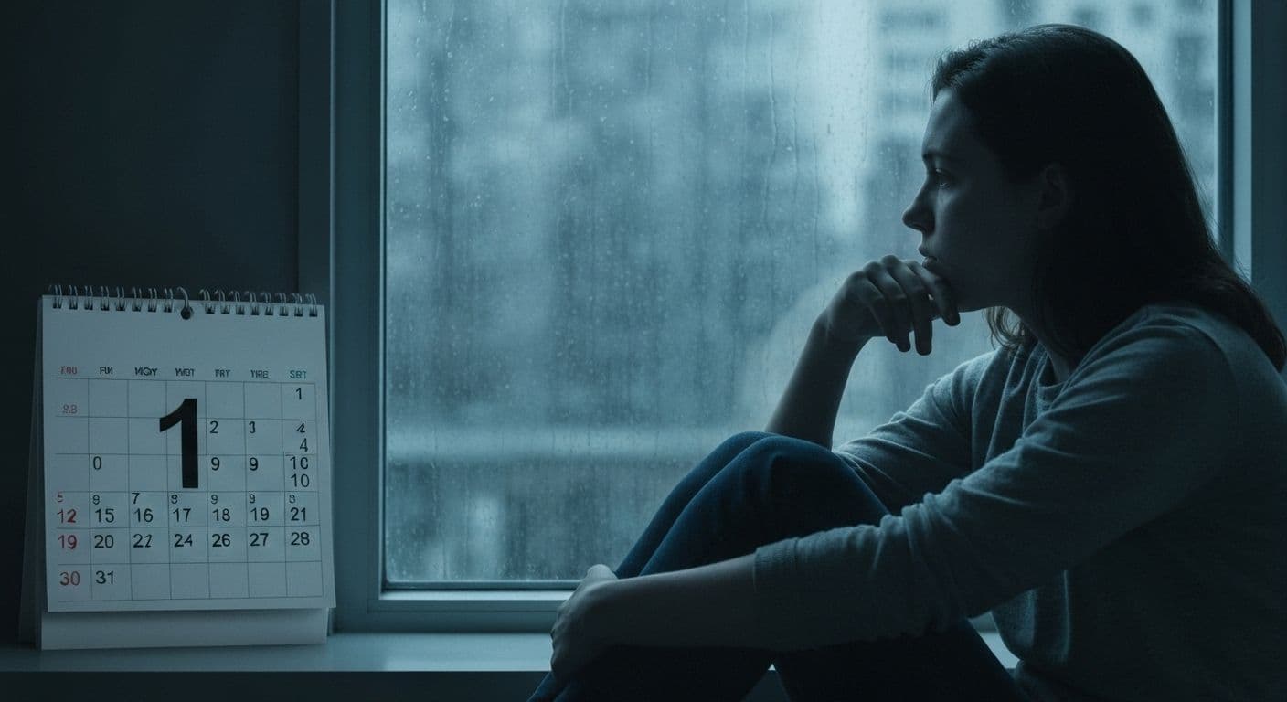 Person reflecting on emotional journey one month after breakup while looking at calendar