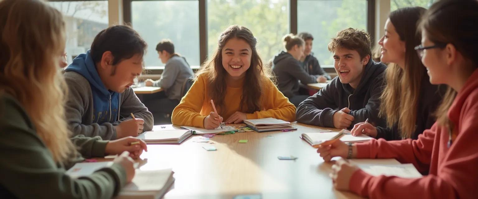 Teenagers playing self-awareness games during lunch break to improve emotional intelligence