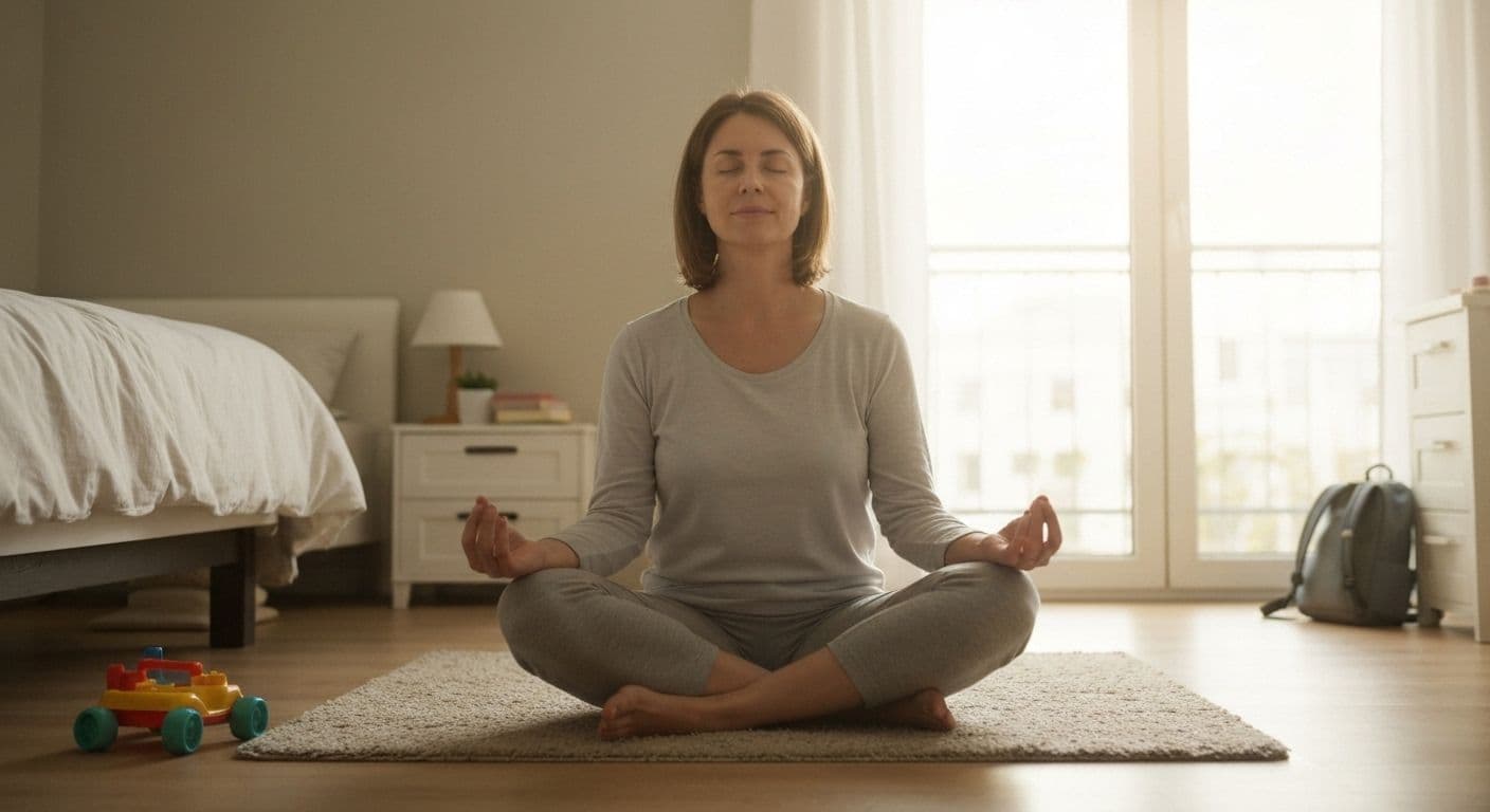 Parent practicing Jon Kabat-Zinn meditation techniques while doing morning routine with children