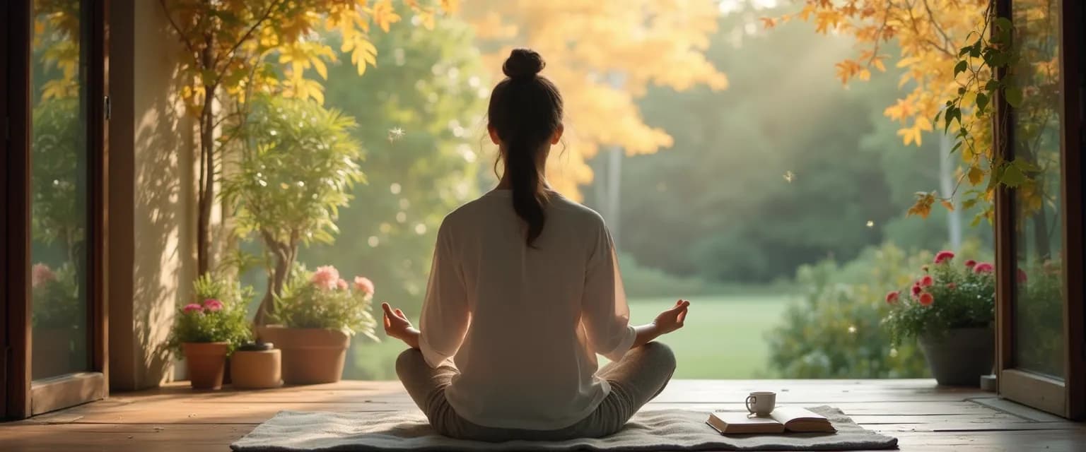 Person practicing my year of living mindfully meditation at home with calendar