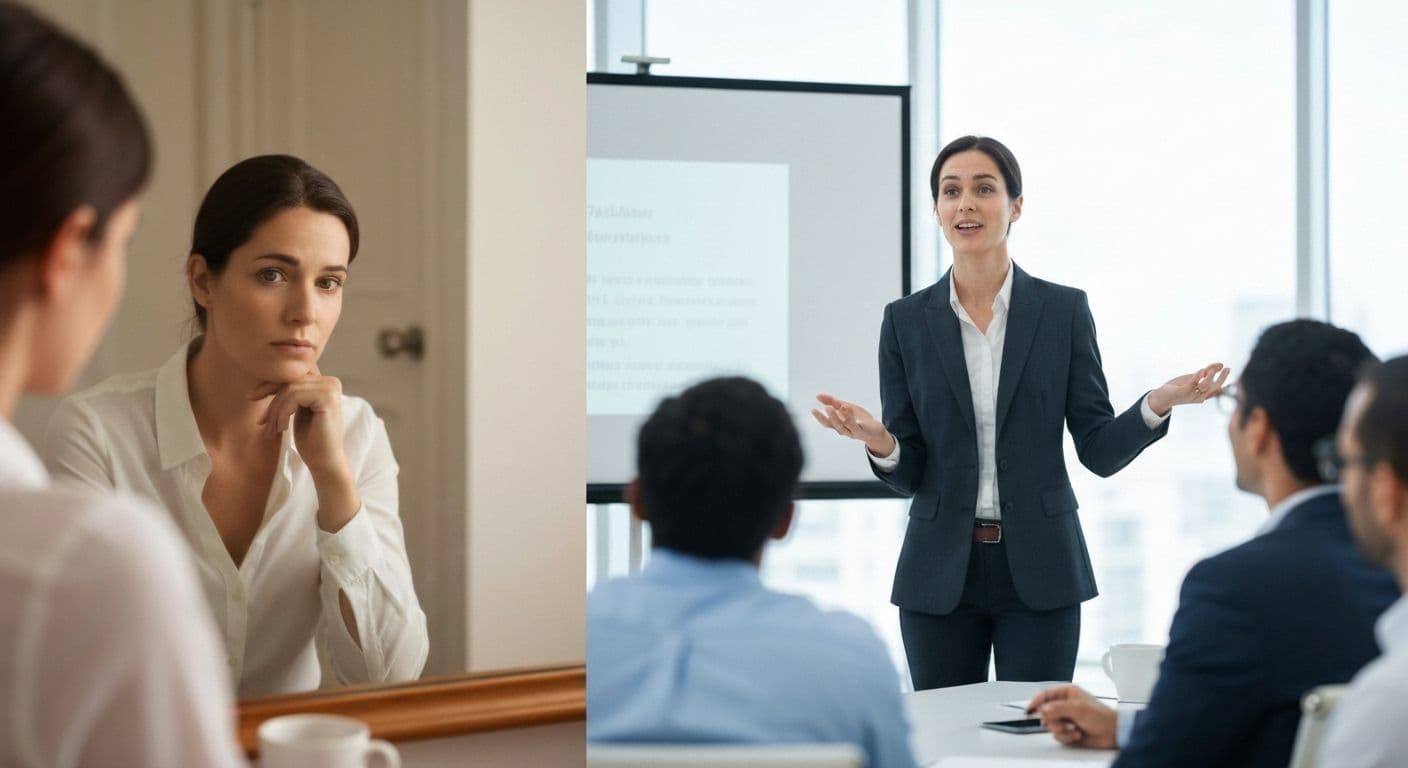 Person looking at mirror reflection showing public and private self awareness concept
