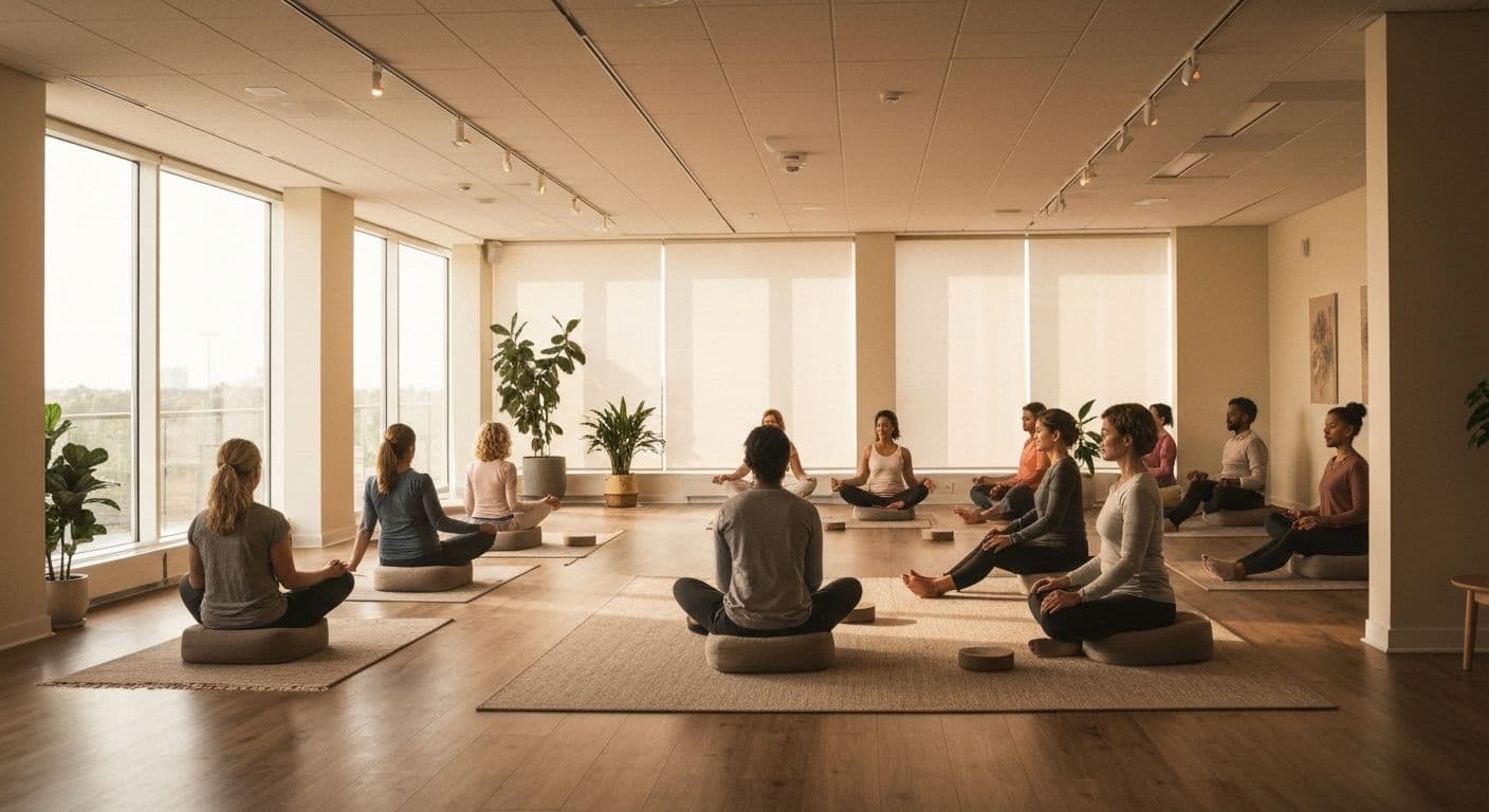 Group practicing mindfulness meditation at a center for mindfulness with expert instructor guidance