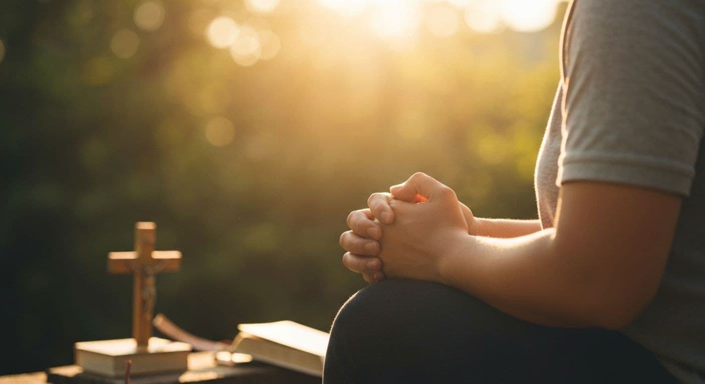 Person practicing Christian mindfulness meditation with hands in prayer position and peaceful expression