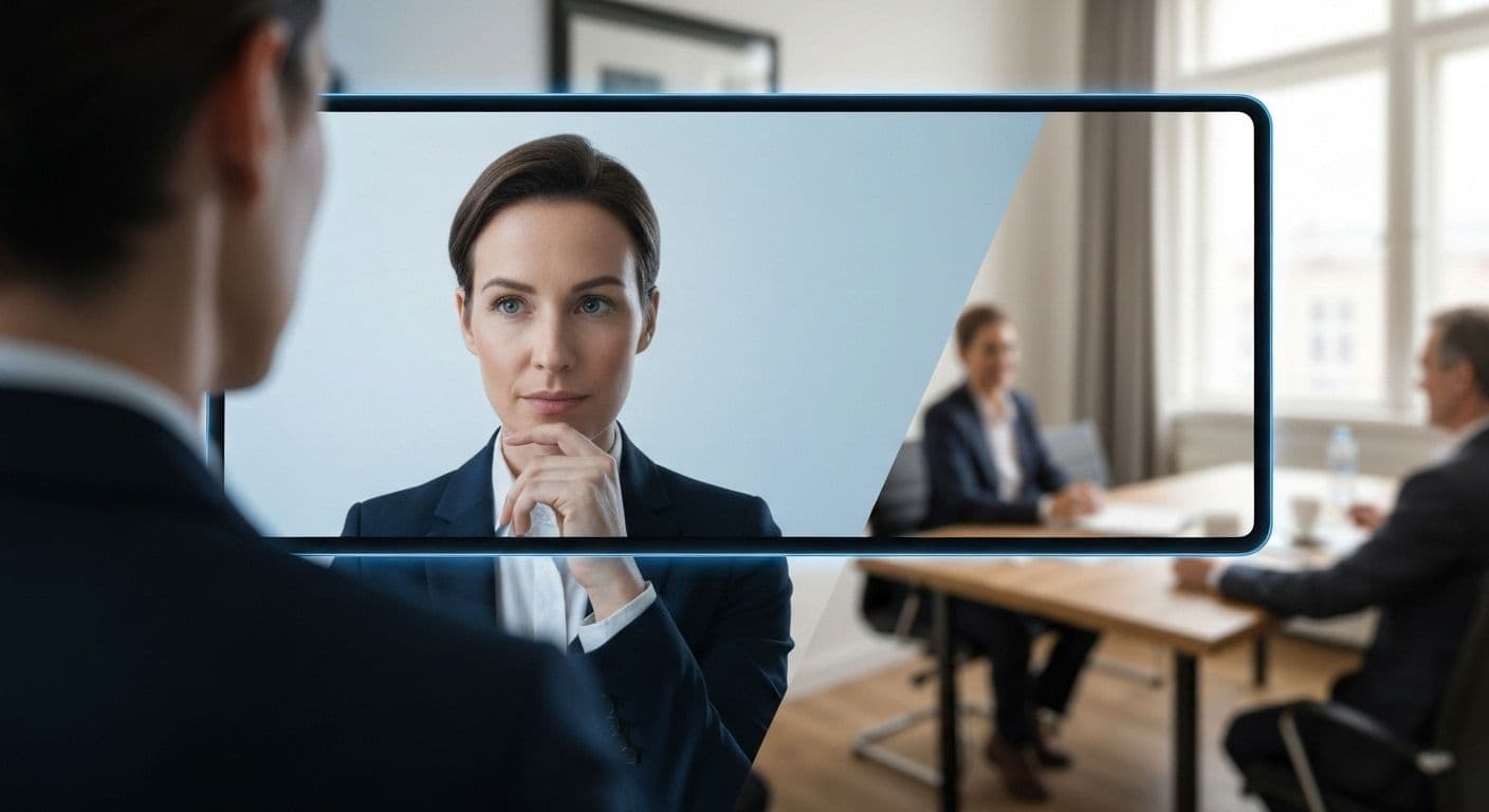 Professional demonstrating public self-awareness during a virtual meeting on video call