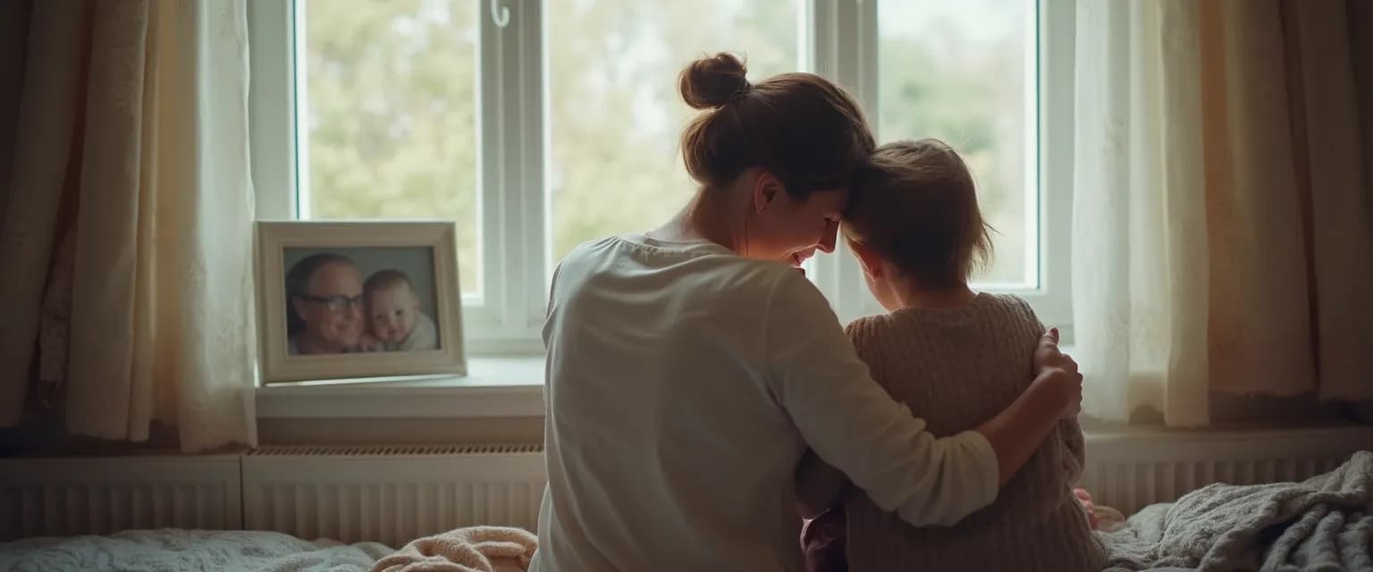 Parent comforting child who lost a grandparent with age-appropriate conversation
