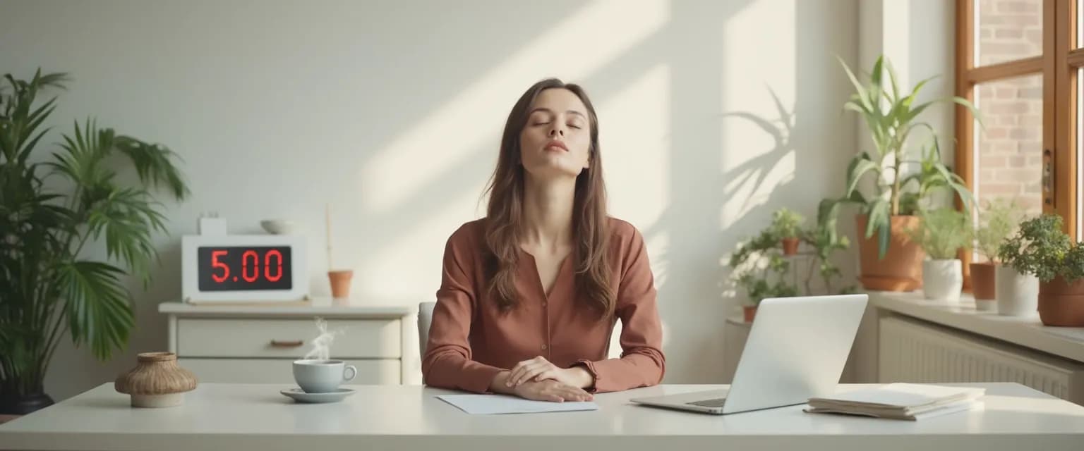 Professional woman using 5-minute techniques to calm the mind down at her desk