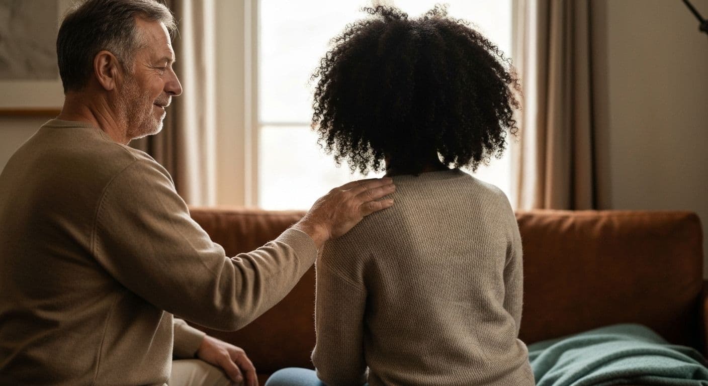 Person offering comfort through presence, illustrating what to say to friend who lost a loved one