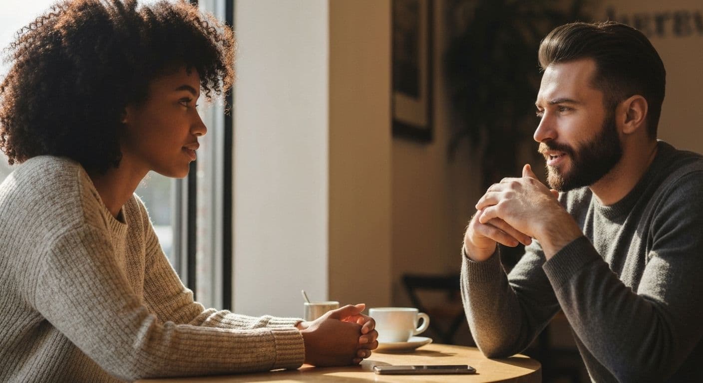 Two friends having an honest conversation about maintaining friendship after breakup with clear boundaries