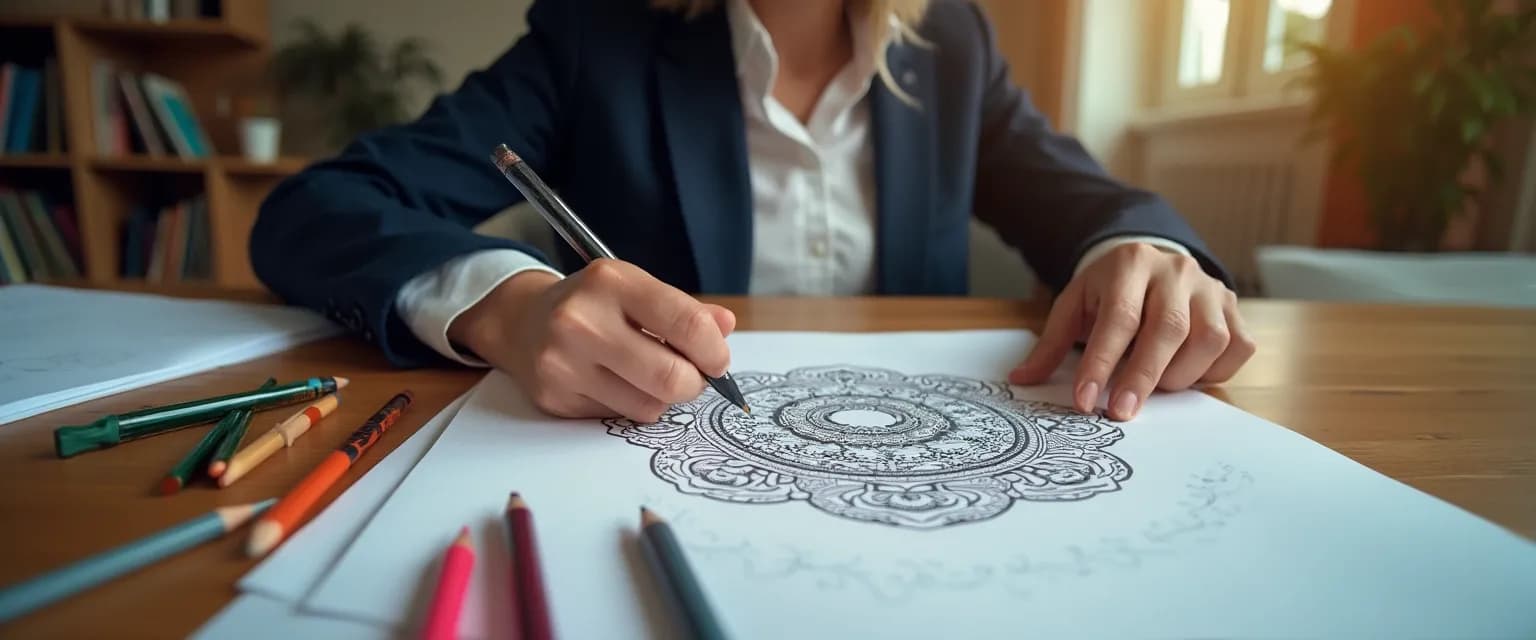 Professional engaging in mindful coloring during a work break for stress management